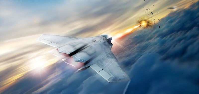 A futuristic fighter jet shooting down an aerial target.